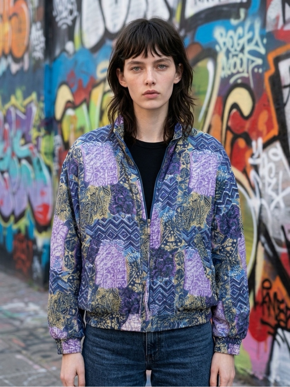 Diana D’Or Vintage 80s 90s 100% Silk Bomber Jacket Abstract Patchwork